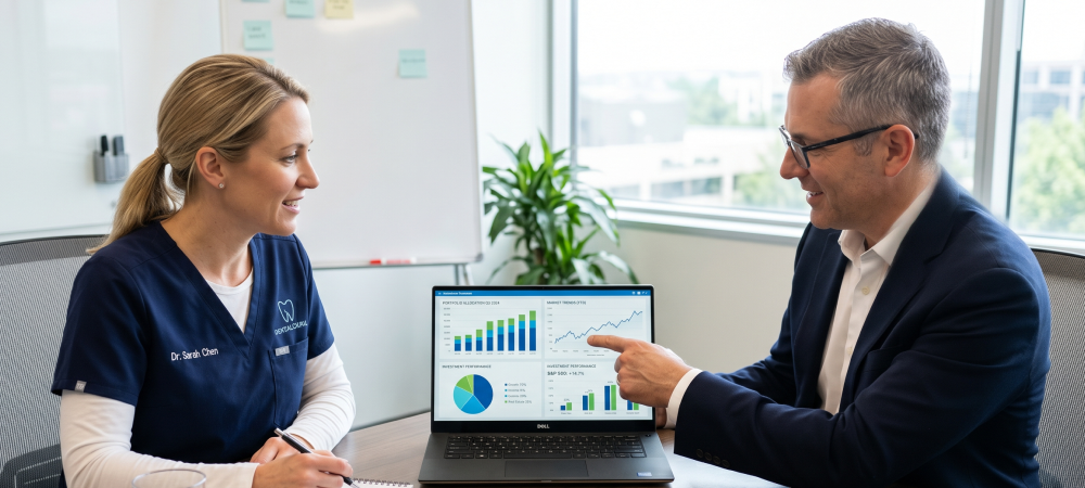 Dental broker reviewing practice valuation data with a dentist