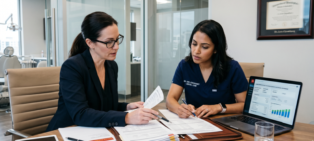 Dental broker and dentist reviewing practice sale documents